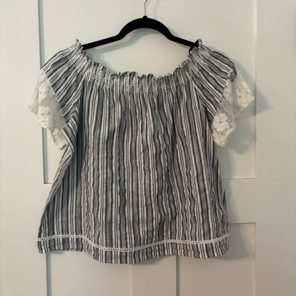 Laundry Striped Off Shoulder Lace Sleeve Cotton Top Navy White M‎ Coastal Chic